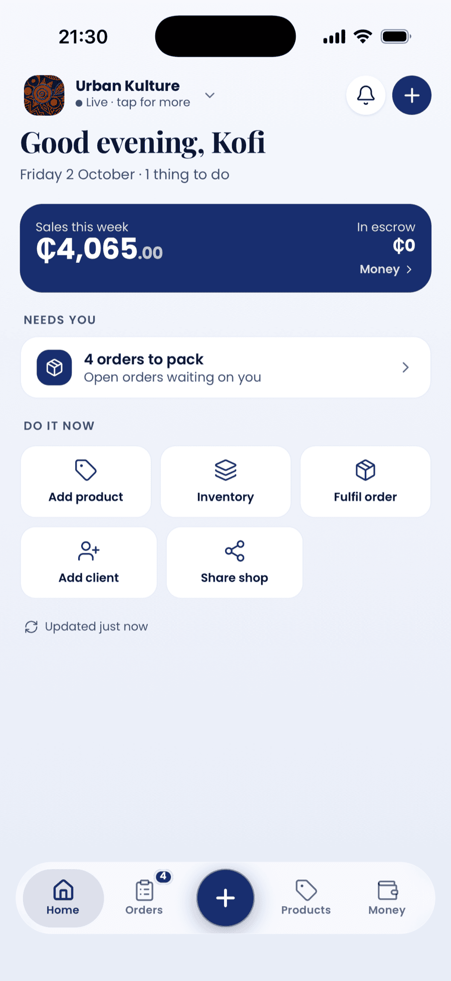 The Yogroo Business home screen: the day's greeting, work due, and money available to withdraw