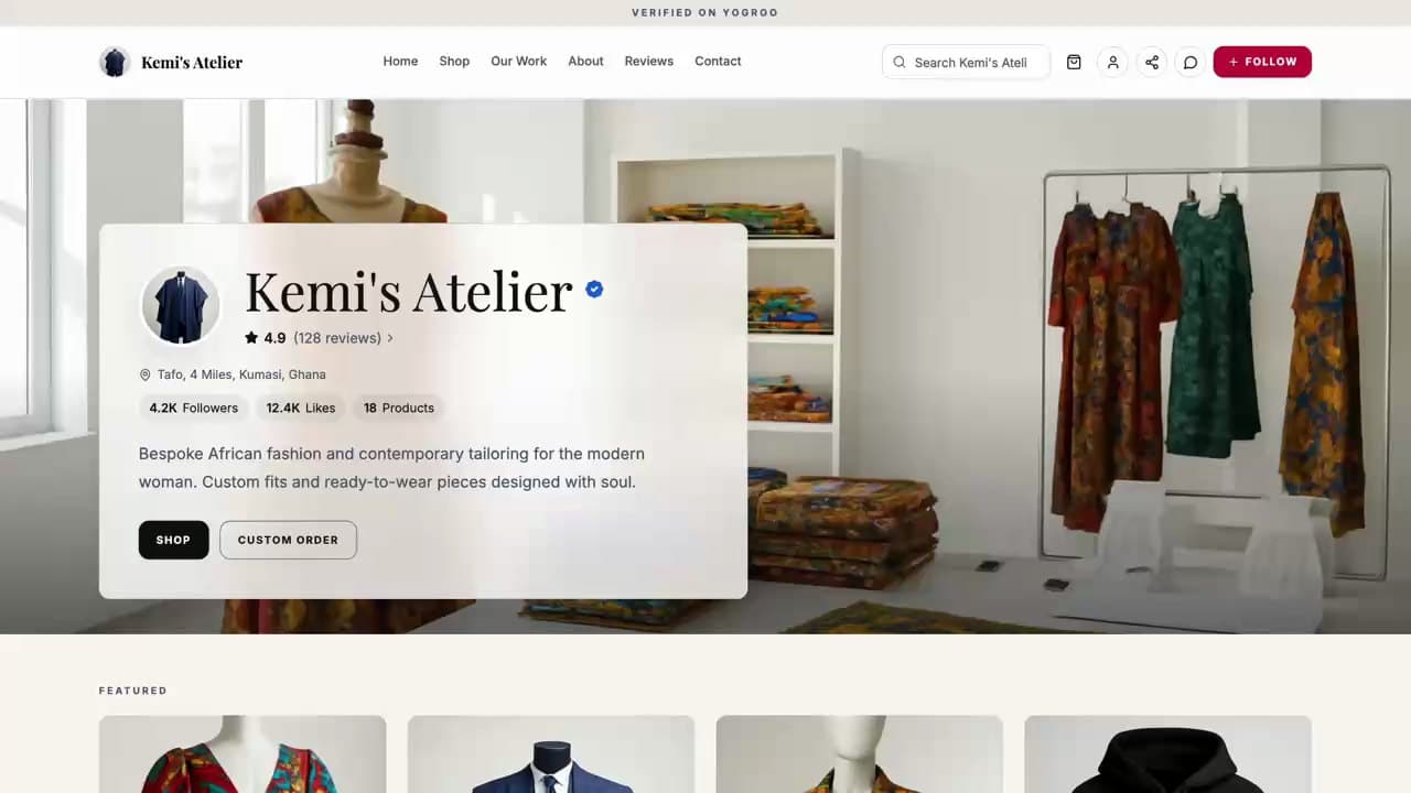 A tailor's storefront on the Classic theme, moving through the home page, the featured pieces, the reviews and the shop