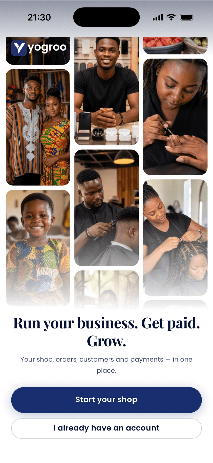 The Yogroo Business home screen greeting a new seller, with the shop live and the day laid out