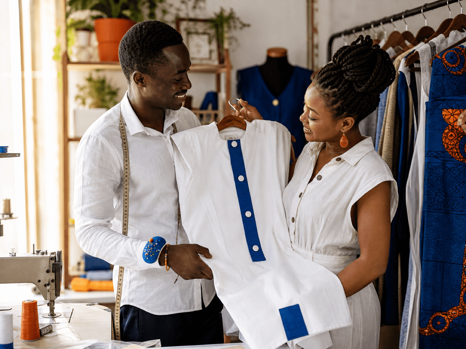 Designer and client reviewing a finished shirt in the workshop