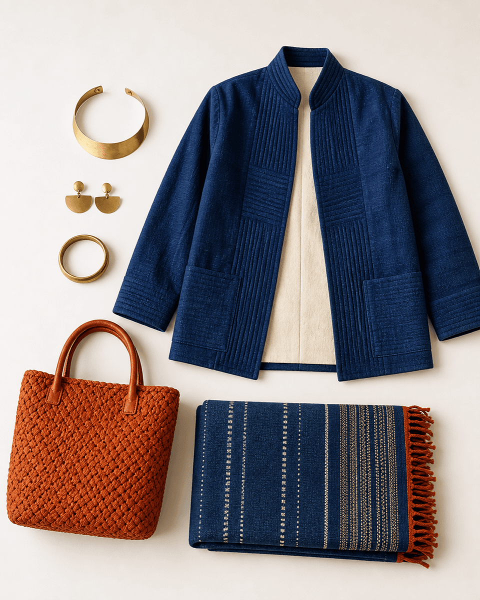 Indigo jacket, woven bag and brass jewellery arranged as a collection