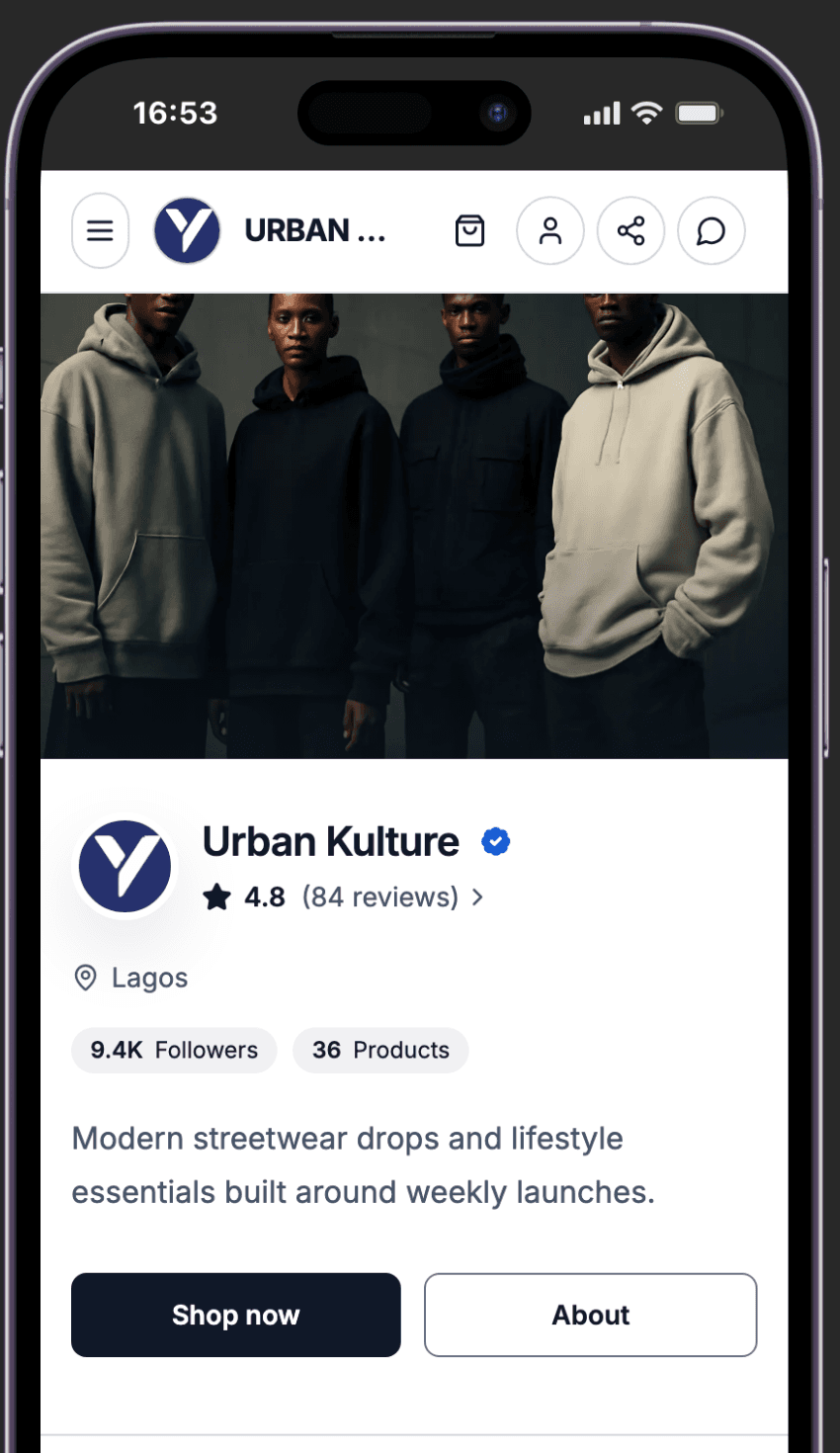 The same shop on a phone: cover photo, shop name, followers, and buttons to shop or read about the business