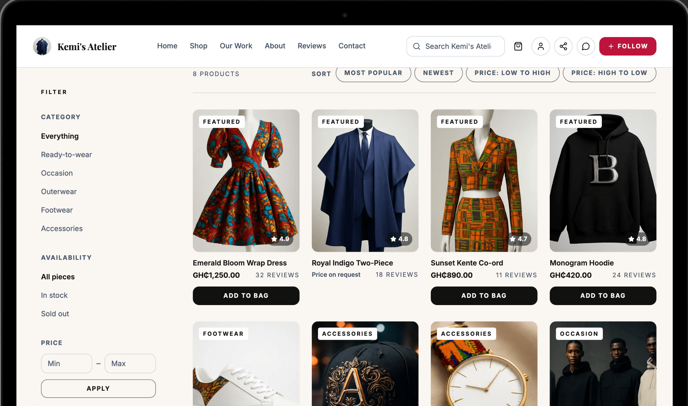 A Yogroo shop page listing garments with prices in cedis, ratings and an add-to-bag button on each