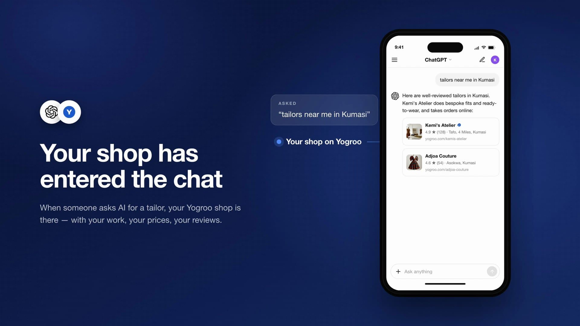 A phone shows someone asking an assistant for tailors near them in Kumasi. The answer lists Kemi's Atelier with its rating, its reviews and its Yogroo address, then opens the shop and its pieces.