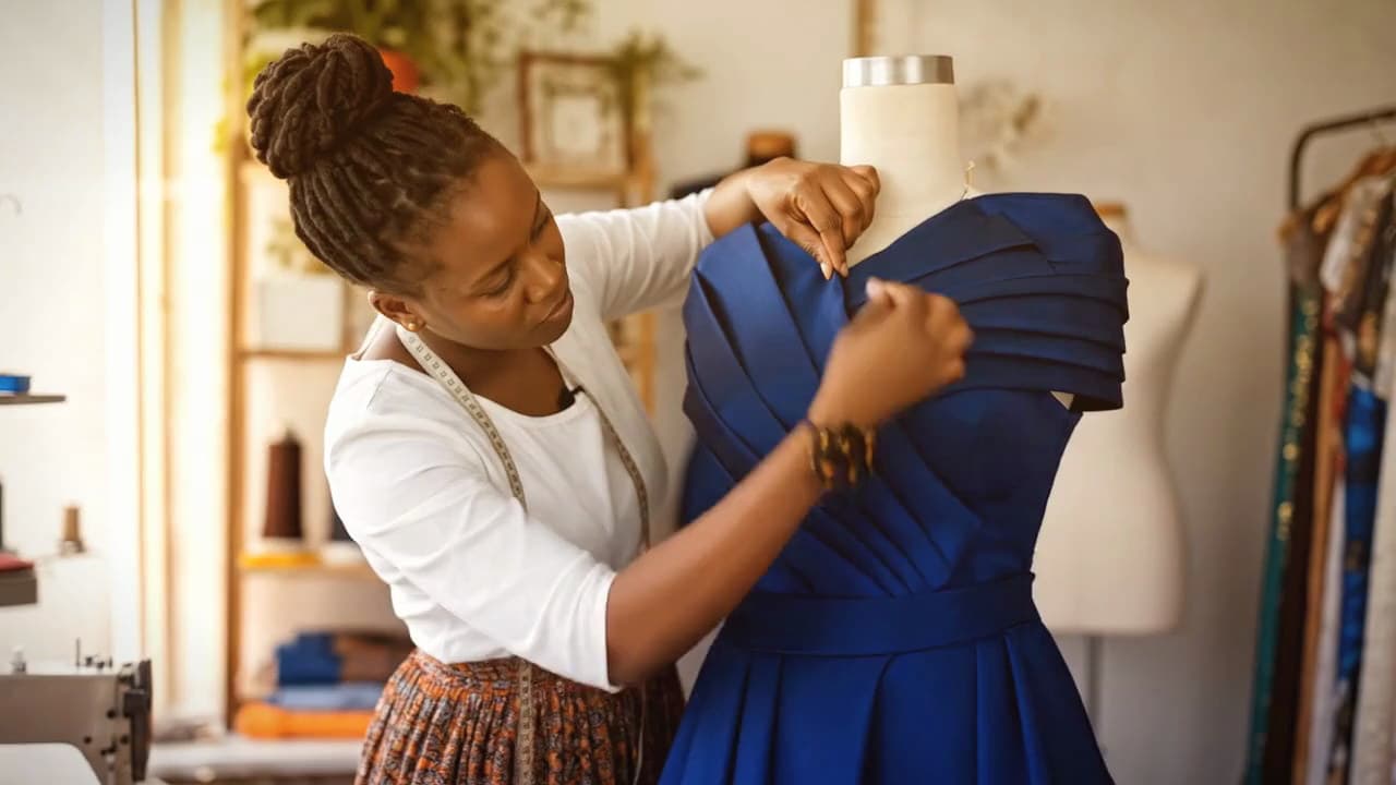 A tailor pinning a royal-blue dress on a mannequin in her Accra studio